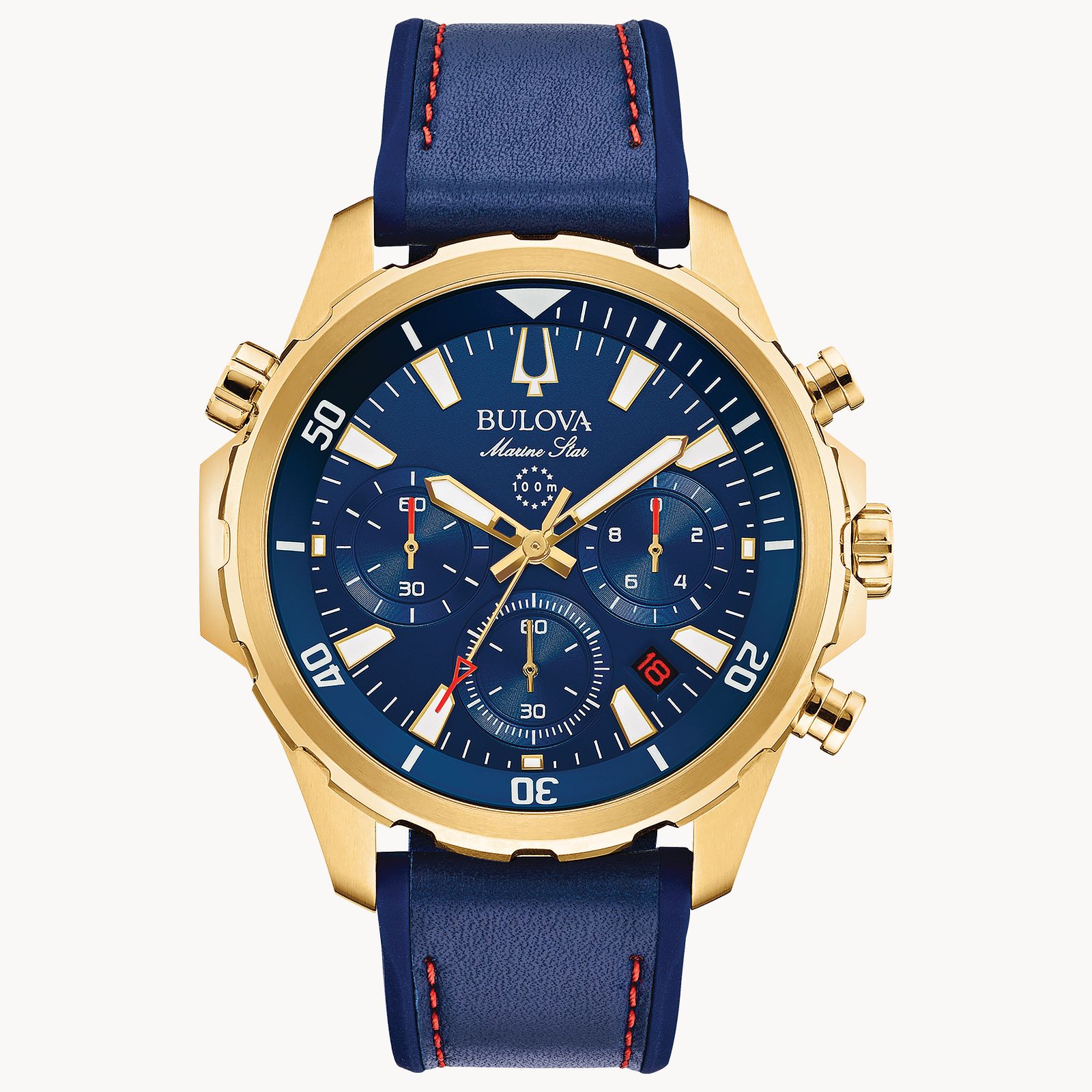 Bulova Marine Star Gents 100M WR Chronograph Gold Case Blue Dial & Blue Leather & Silicone Strap - 97B168 bulova 