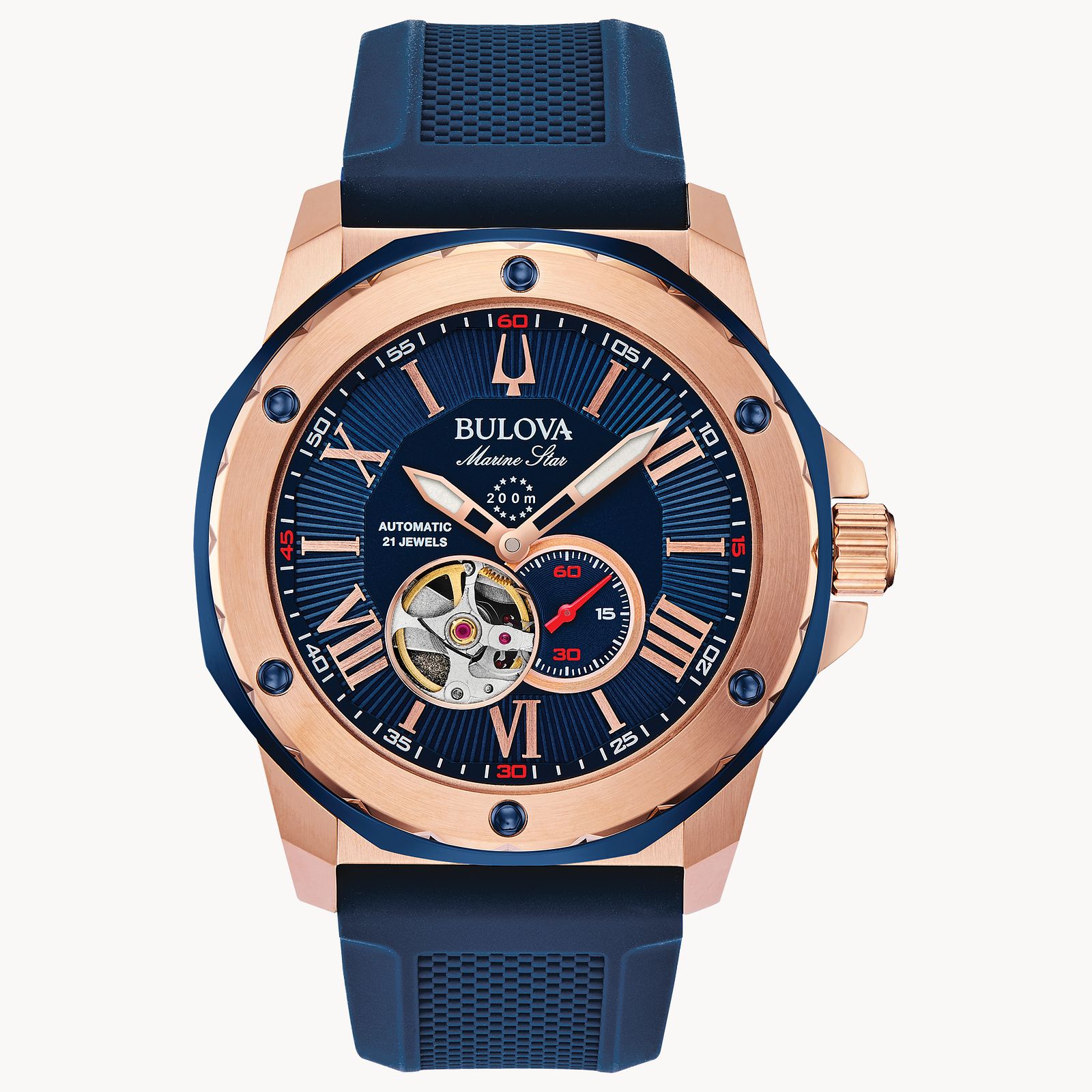 Bulova Gents Marine Star Automatic Rose Gold Case Blue Dial & Textured Silicone Strap 200M WR - 98A227 bulova 