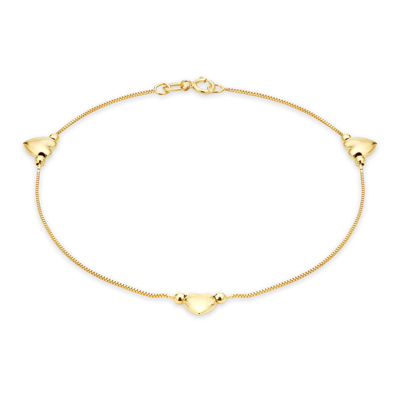 9ct Yellow Gold Three Heart Charm Box Chain Bracelet 19cm Long - BLG001 bulova 