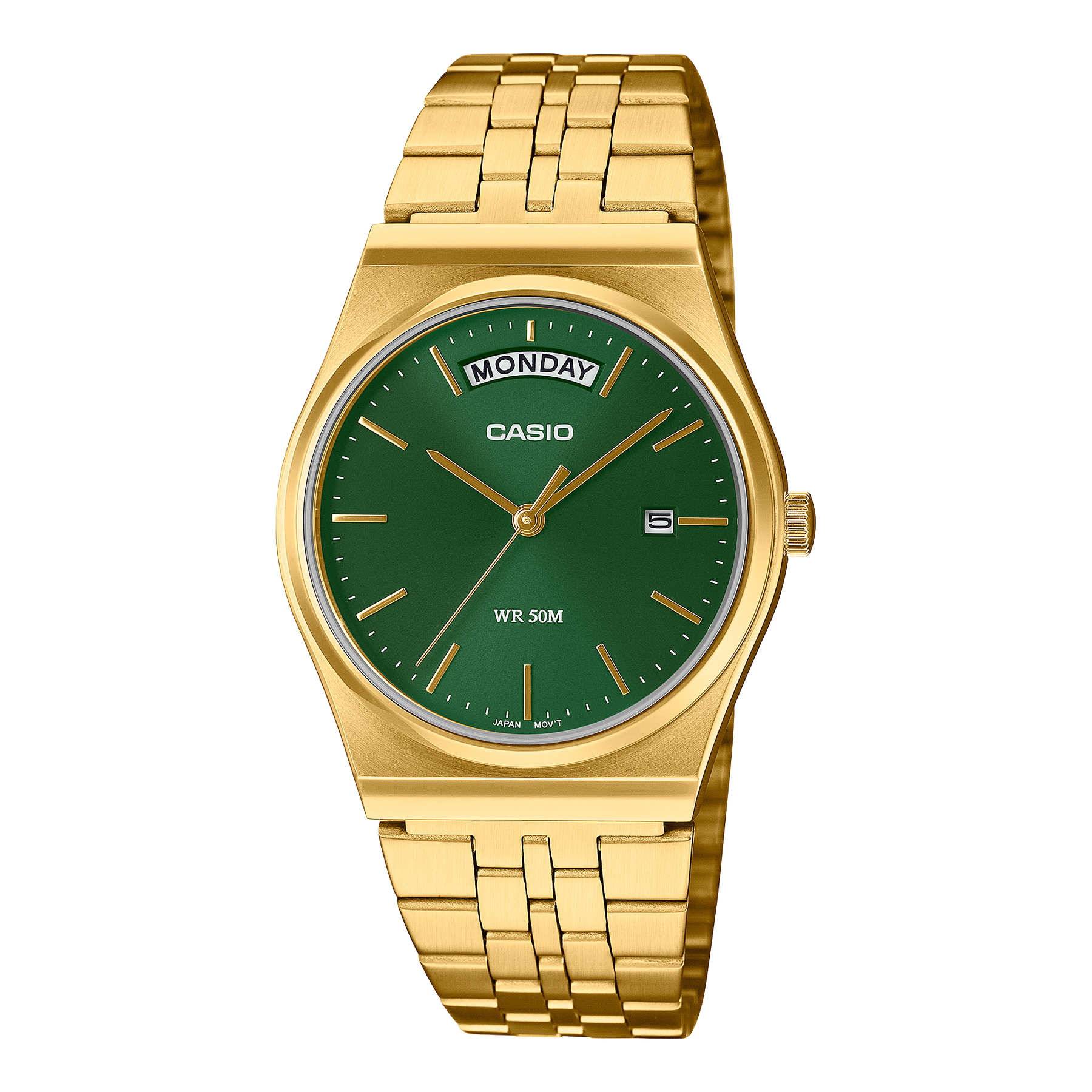 Casio Analogue Day Date Retro Green Dial Gold Case & Band Watch - MTPB146G-3A CASIO 