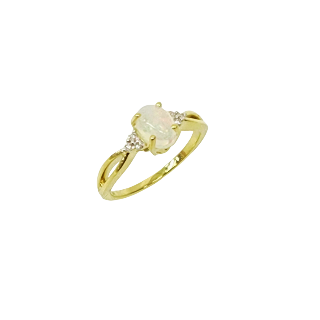 10ct Yellow Gold 0.65ct White Opal with Diamond Setting Ring Gold Rings 