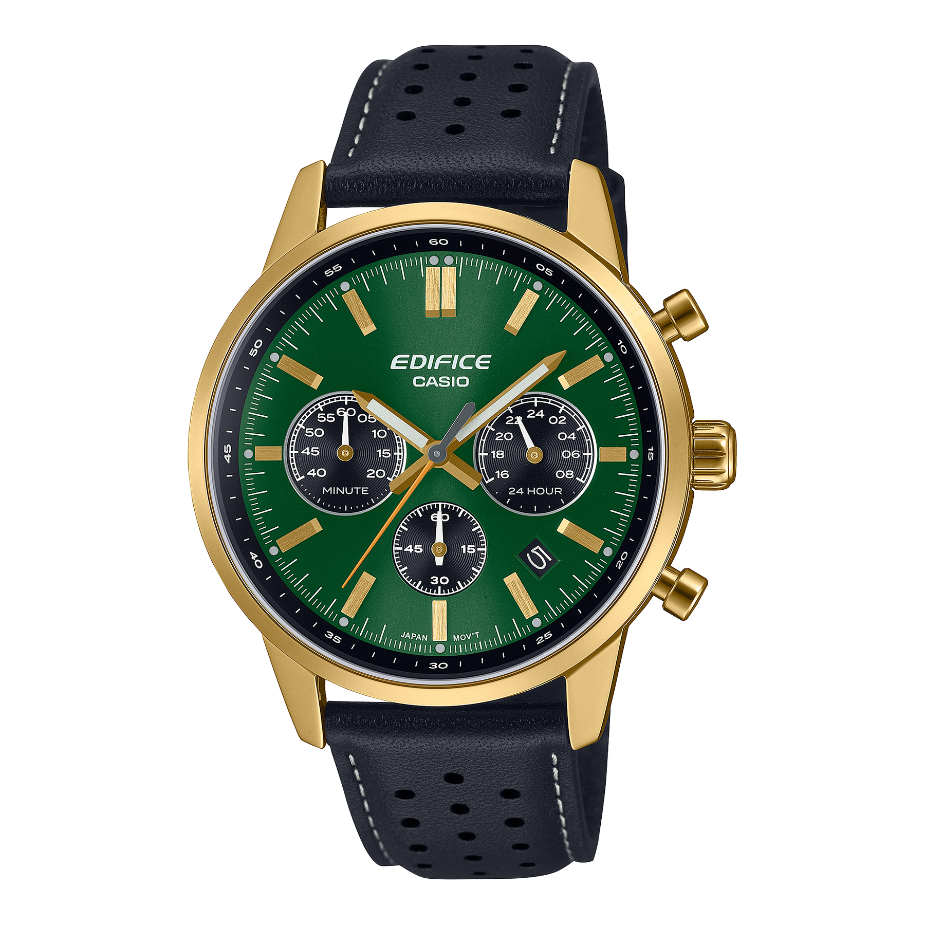 EDIFICE Analog Chronograph 100M WR Green Dial, Gold Case, Black Leather Strap - EFR575CL-3A G-SHOCK 