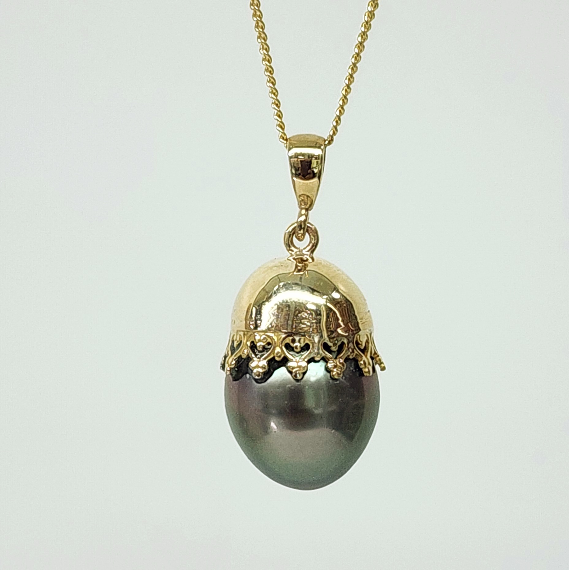 9ct Yellow Gold 13.5-14.0mm Teardrop Tahitian Black Pearl Pendant with Gallery Setting Cap - TBZ01 Gold Pearl Jewellery, Pearl Jewellery 
