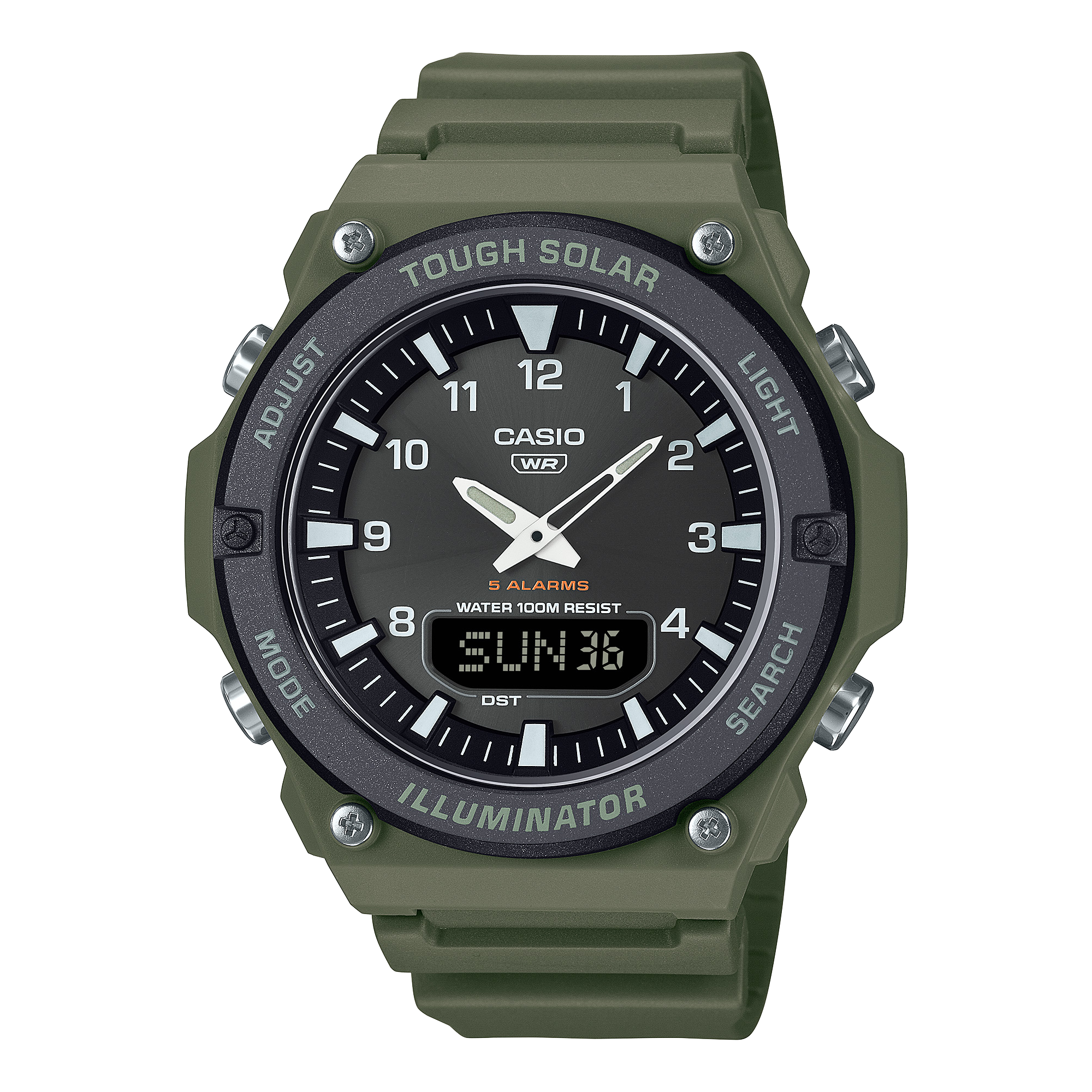 Casio Solar Powered Duel Time 100M WR Black Case, Green Resin Band - AQ-S820W-3BV WATCH 