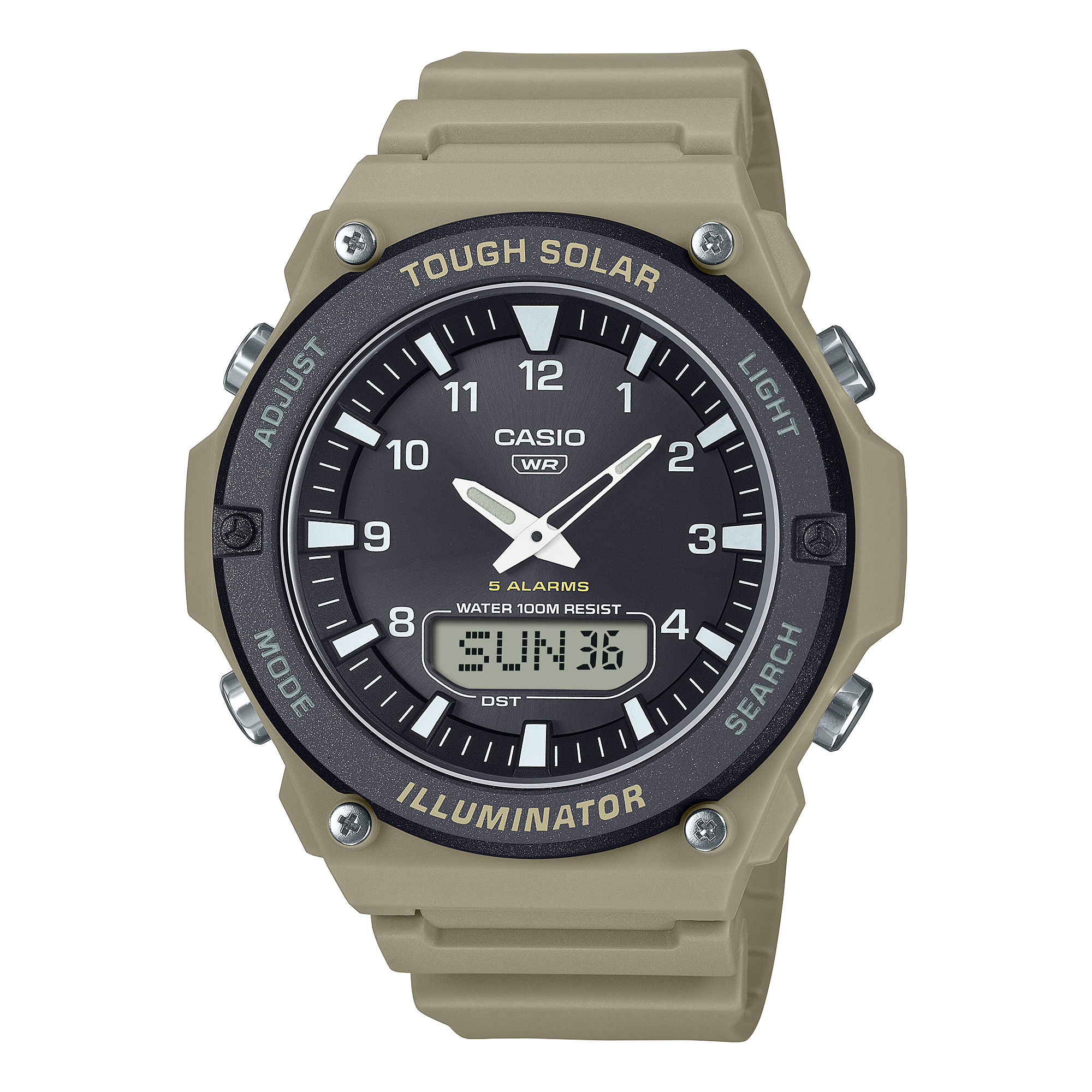 Casio Solar Powered Duel Time 100M WR Black Case, Brown Resin Band - AQ-S820W-5AV WATCH 