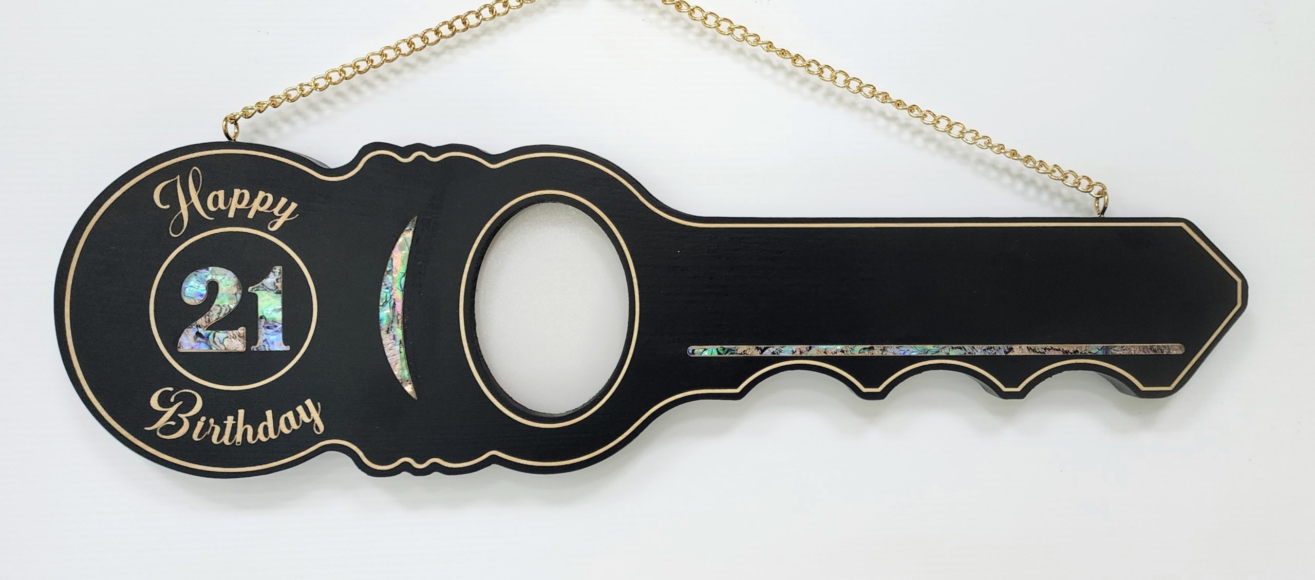 21st Black Shade Wooden KeY with "21" Paua Shell Inlay and Laser Engraved "Happy Birthday" - SJ2424 21st Keys 