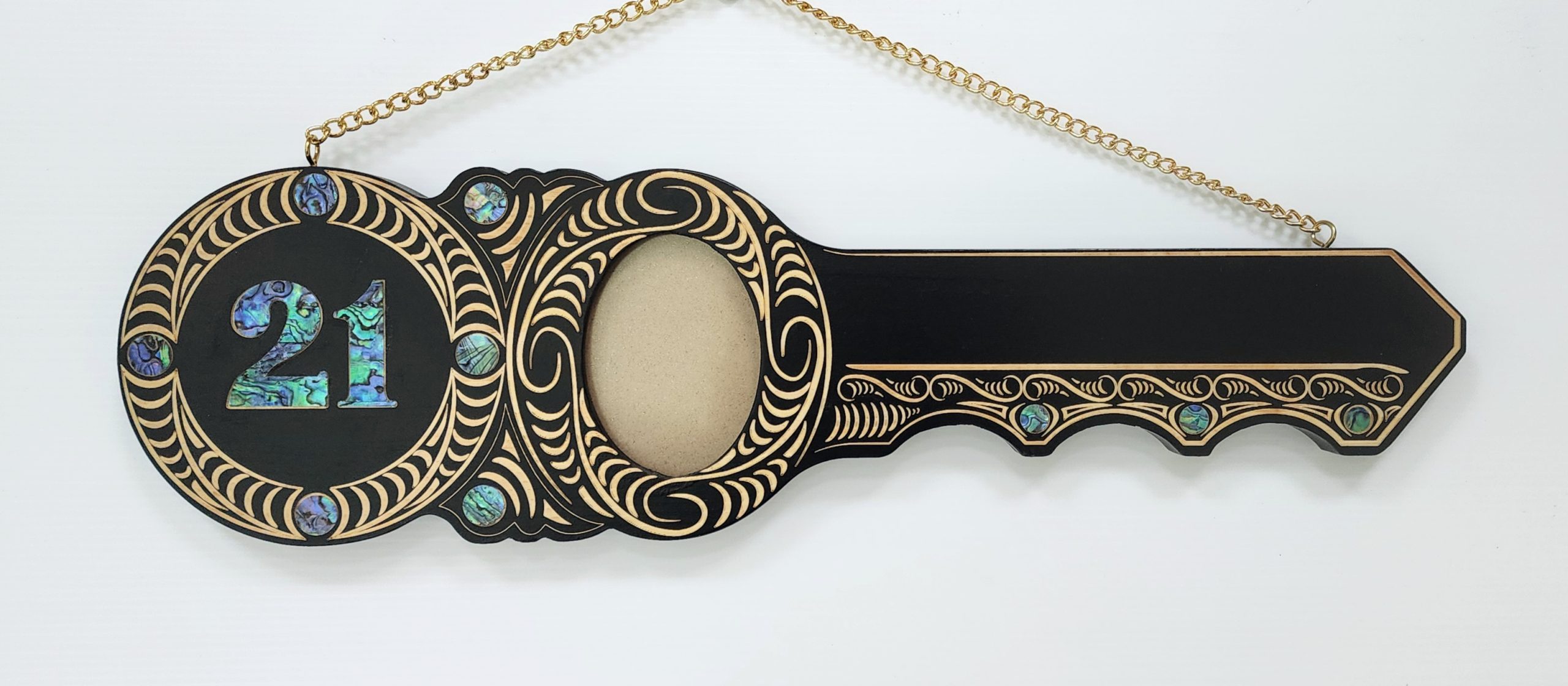 21st Maori Design Key with Laser Engraved Design & Paua Shell Inlay - Design S12 21st Keys 