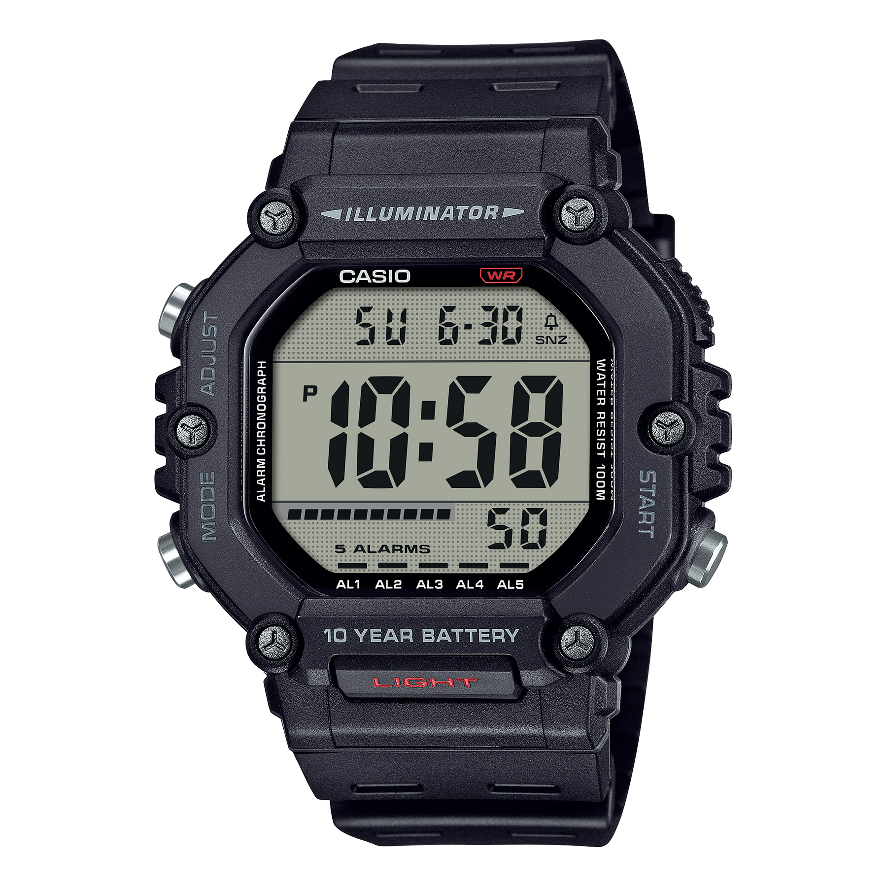 Casio 100M WR, Large Digital LED Light, Black Case & Strap, 10YR Battery - AE1600H-1A Seiko 