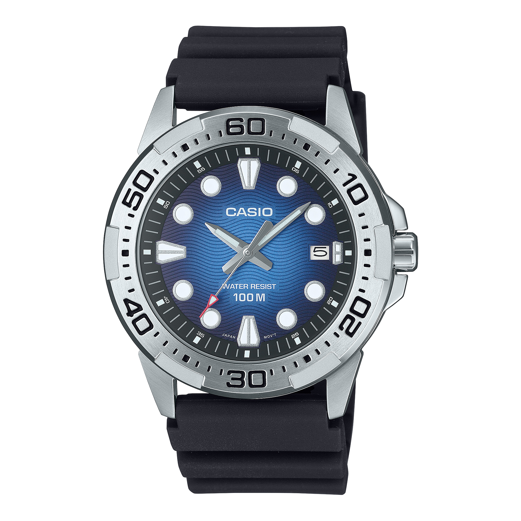 Casio Analogue 100M WR, Diver's Look Blue Dial, Stainless Steel Case, Black Resin Strap - MTD140-2A Seiko 