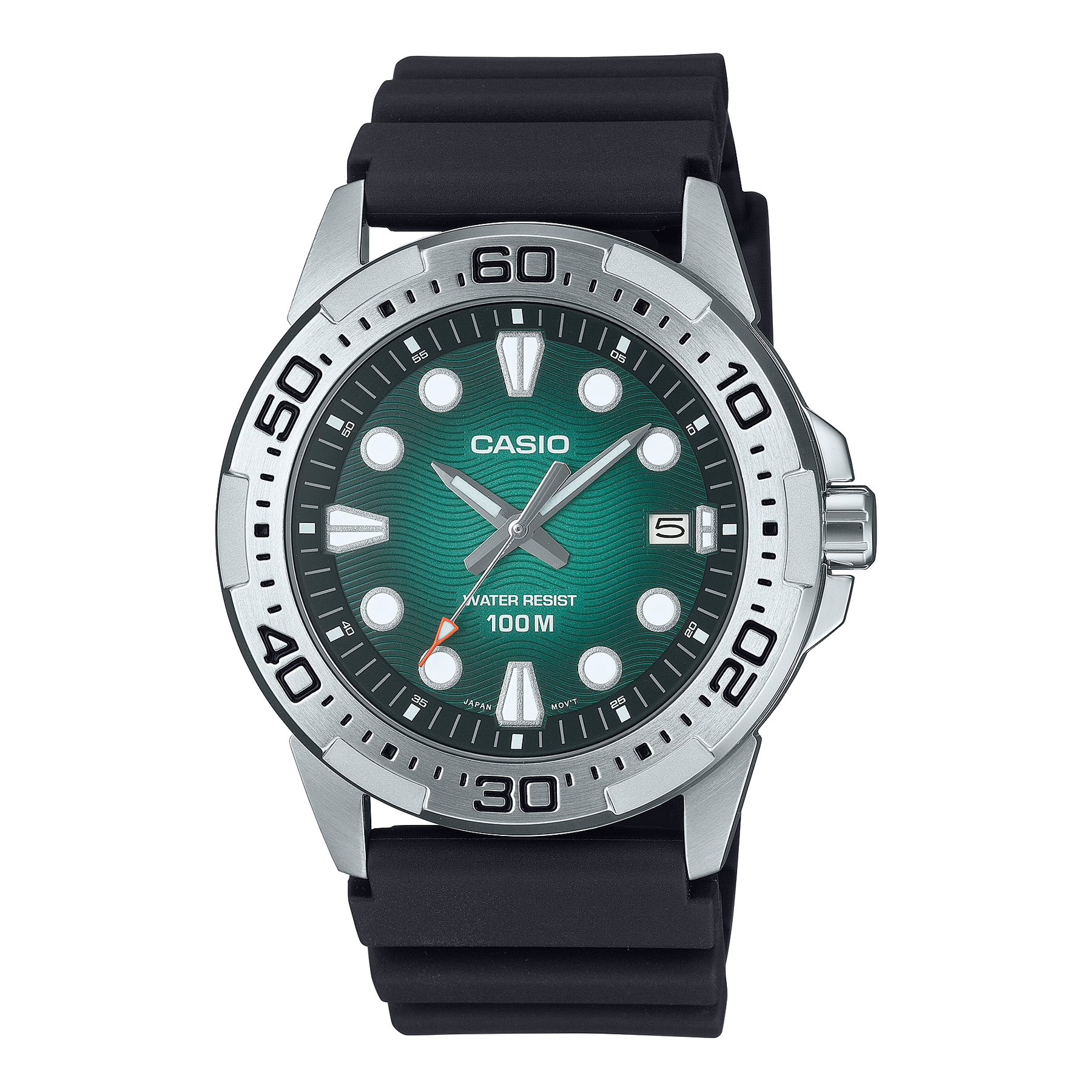 Casio Analogue 100M WR, Diver's Look Green Dial, Stainless Steel Case, Black Resin Strap - MTD140-3A Seiko 