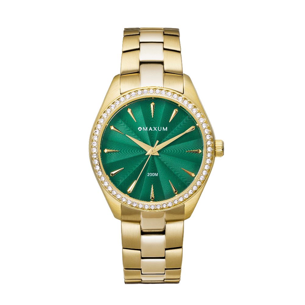 Maxum Ladies Sydney Crystal-Embellished Analogue Watch –Green Dial, Gold Tone Case & Gold Bracelet 200m WR - MW24204L01 MAXUM 