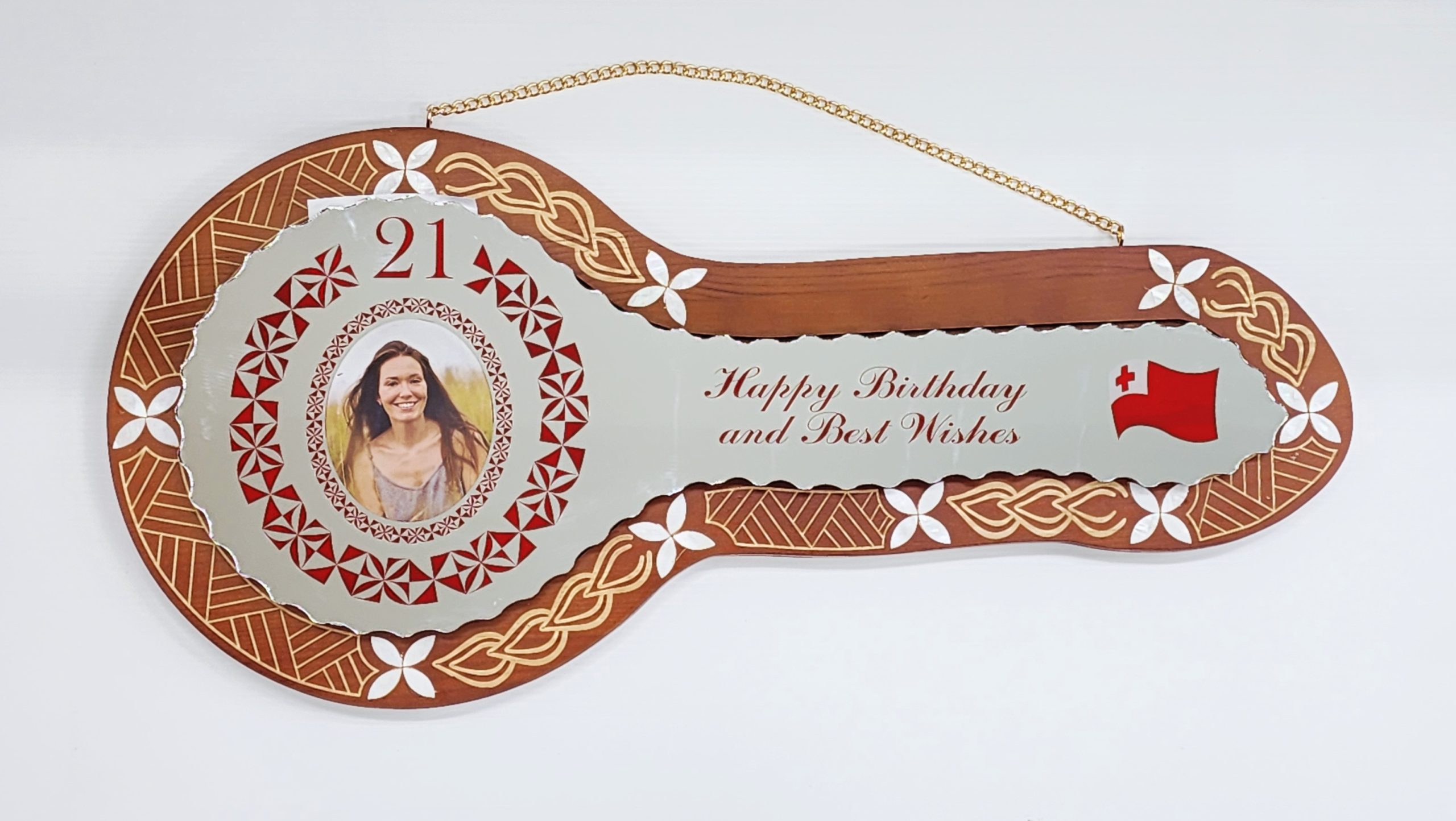 21st Birthday Wooden Key Brown Shade Island Design with Tongan Design Mirror Key Insert - 2144DBSJ2406 21st Keys 