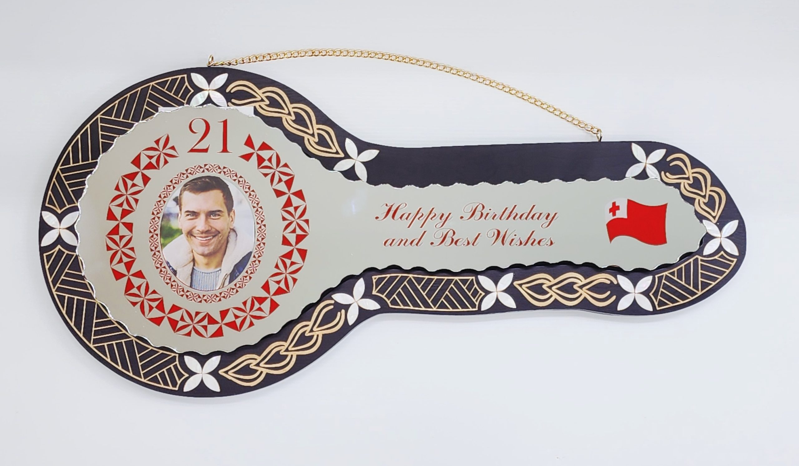 21st Birthday Wooden Key Black Shade Island Design with Tongan Design Mirror Key Insert - 2144BLKSJ2406 21st Keys 